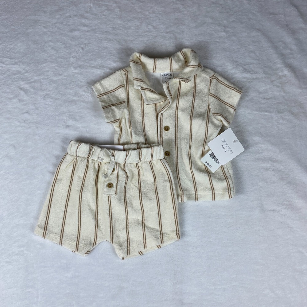 Grayson Mini Top & Bottom Set Baby Boy's 3-6M‎ Off White Striped Button Front